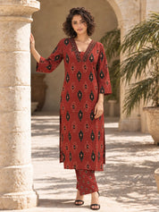 Maroon and Black Ikat Print Kurta Set in Cotton