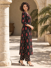 Black and Maroon Ikat Print Kurta Set in Cotton