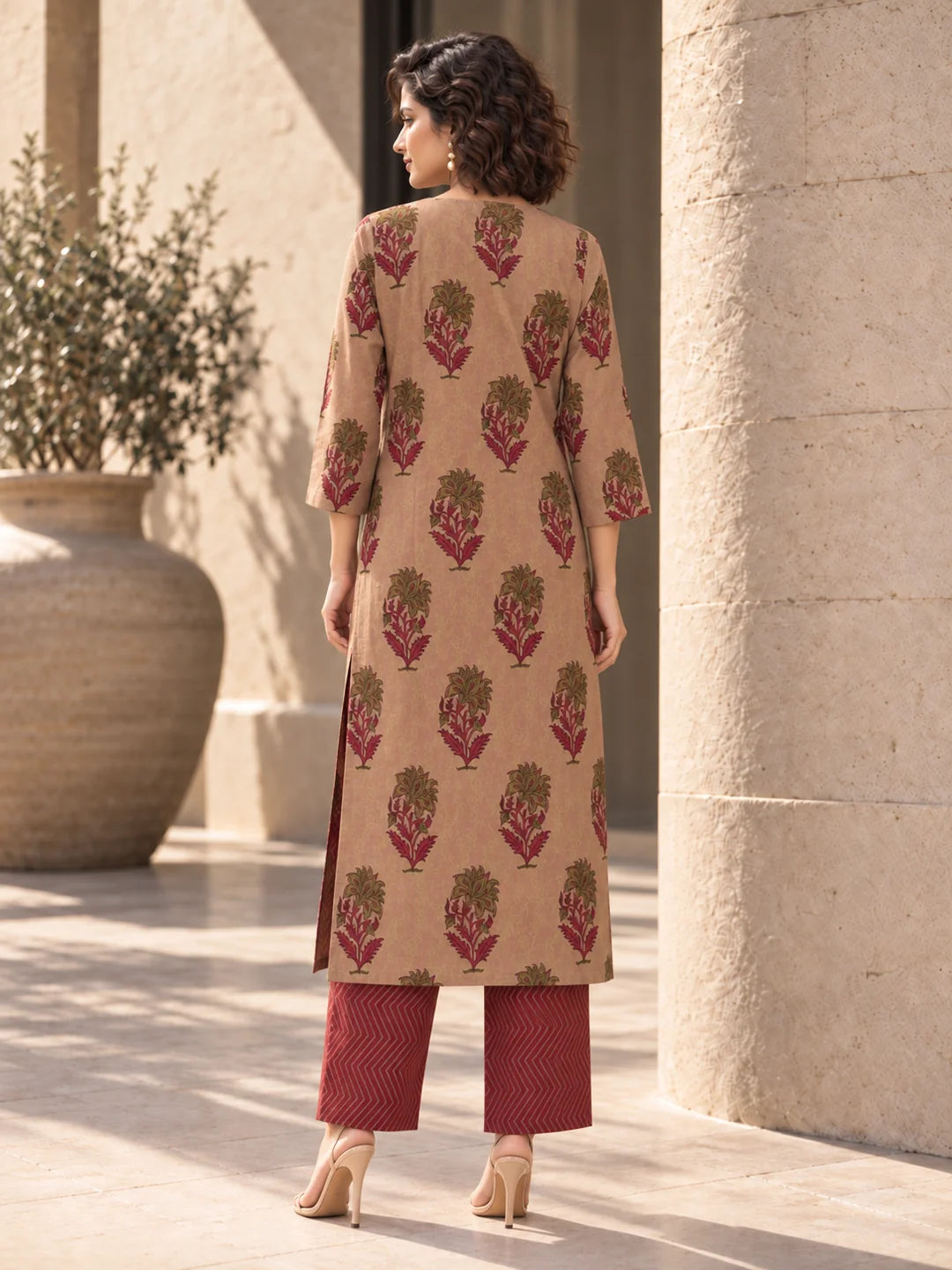 Pink Floral Buta Print Kurta Set in Cotton