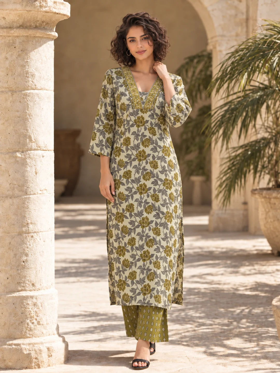 Olive Green and Grey Floral Print Kurta Set in Cotton