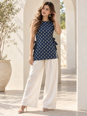 Navy Blue Floral Buti Sleeveless High-Low Short Kurti in Cotton