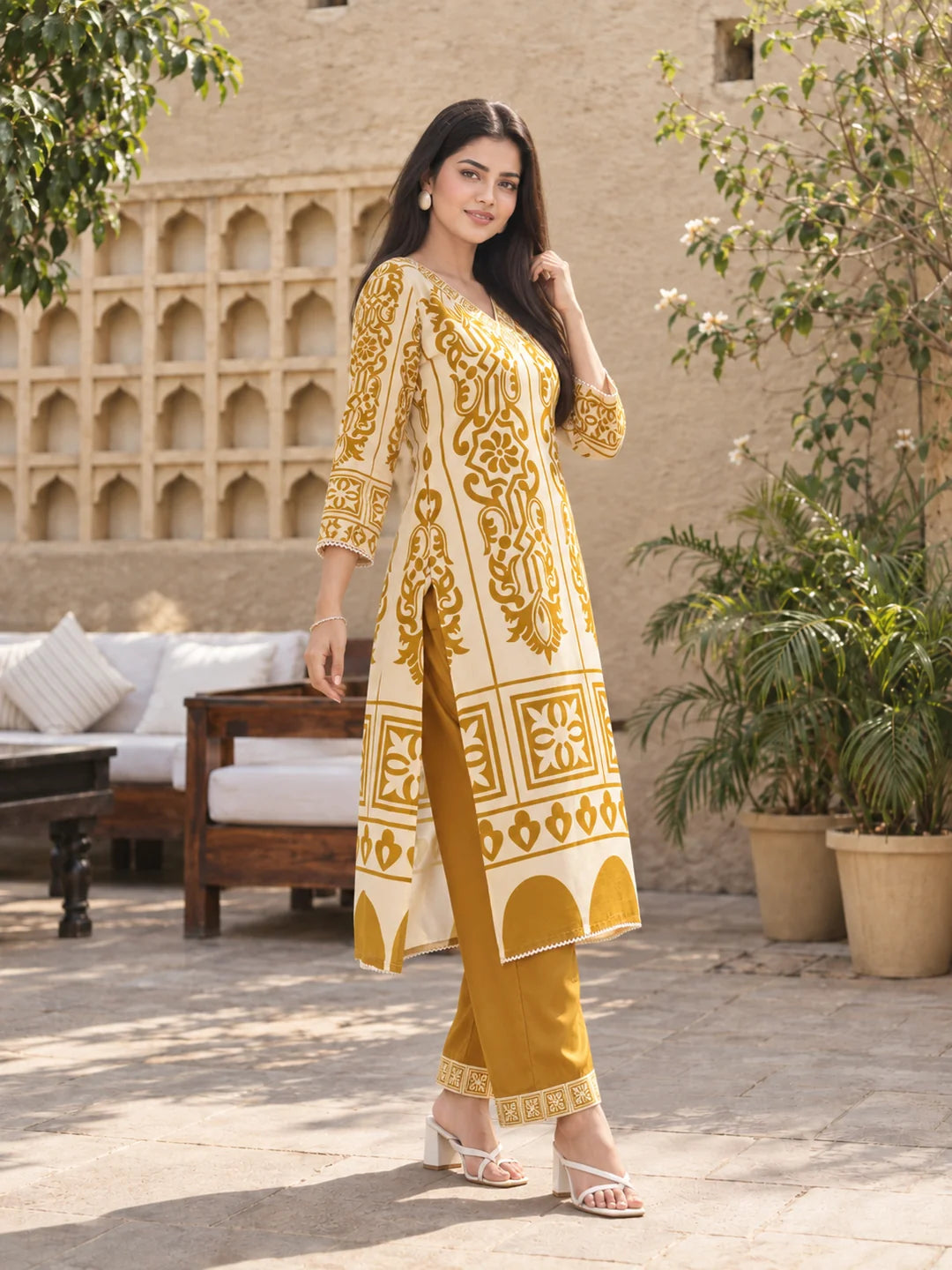 Mustard Block Print Kurta Set with Kauri Embellishment