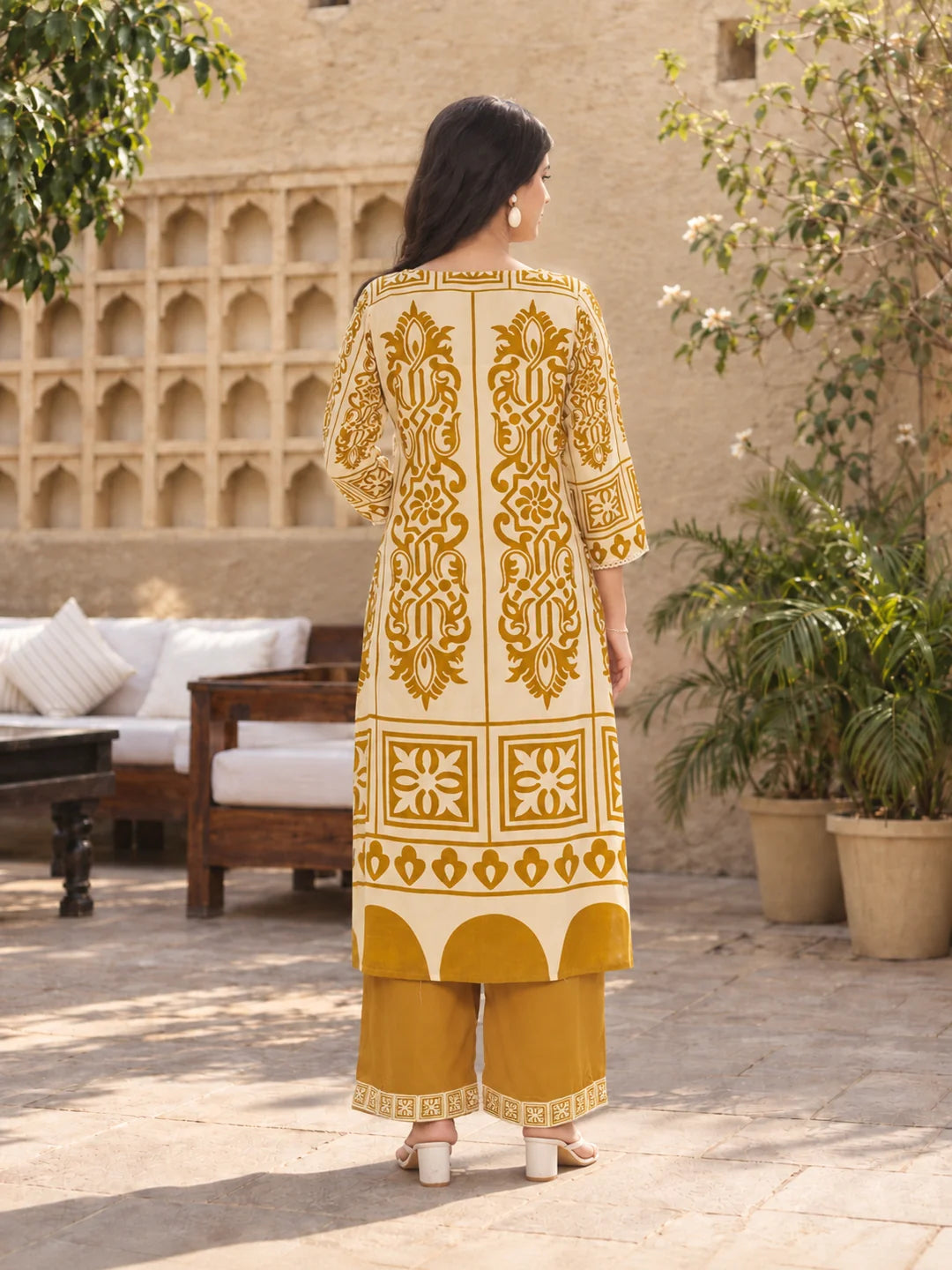 Mustard Block Print Kurta Set with Kauri Embellishment