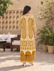 Mustard Block Print Kurta Set with Kauri Embellishment