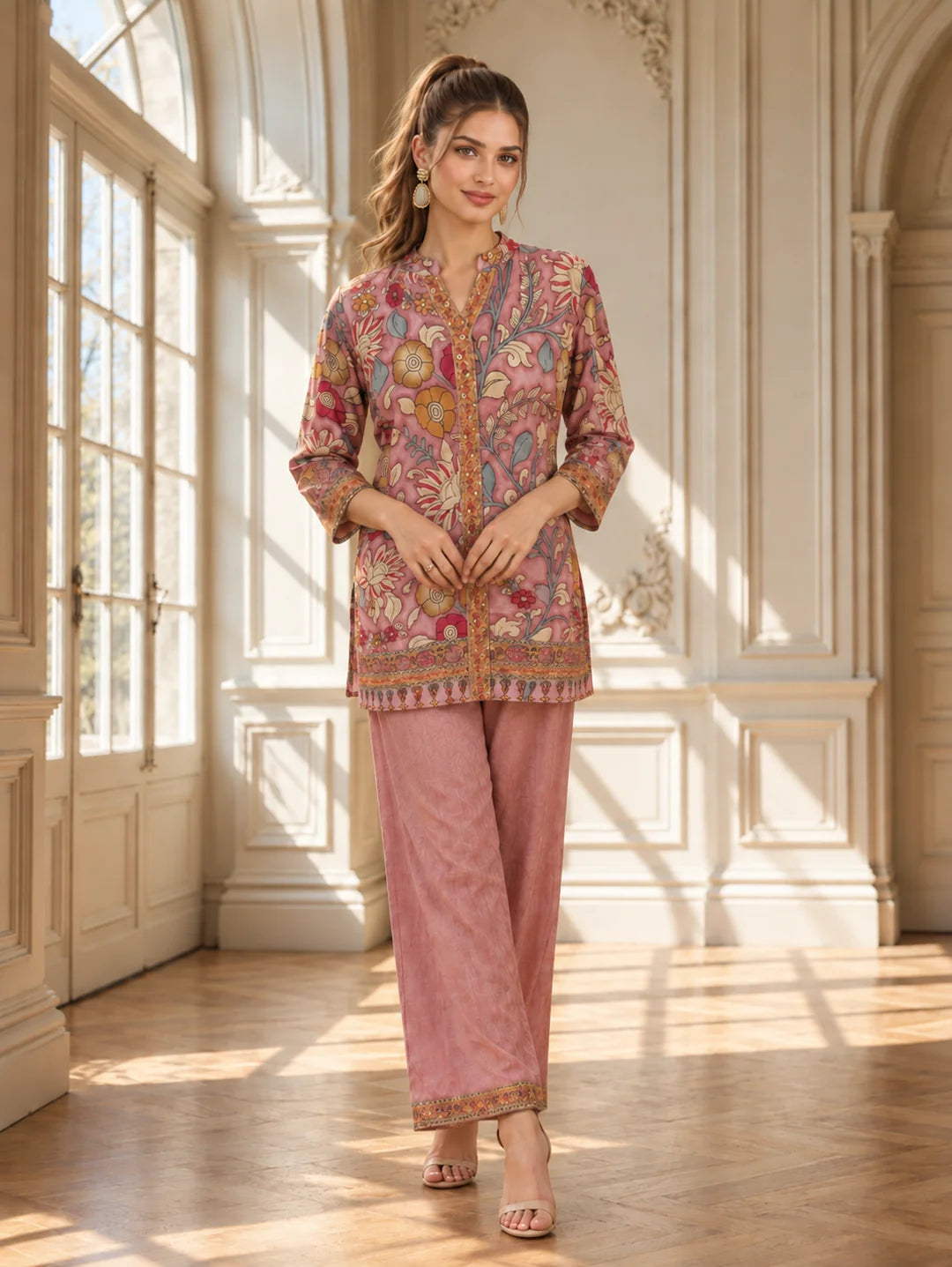 Pink Multicolour Floral Sequin Placket Wide-Leg Co-ord Set in Muslin