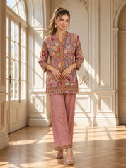 Pink Multicolour Floral Sequin Placket Wide-Leg Co-ord Set in Muslin