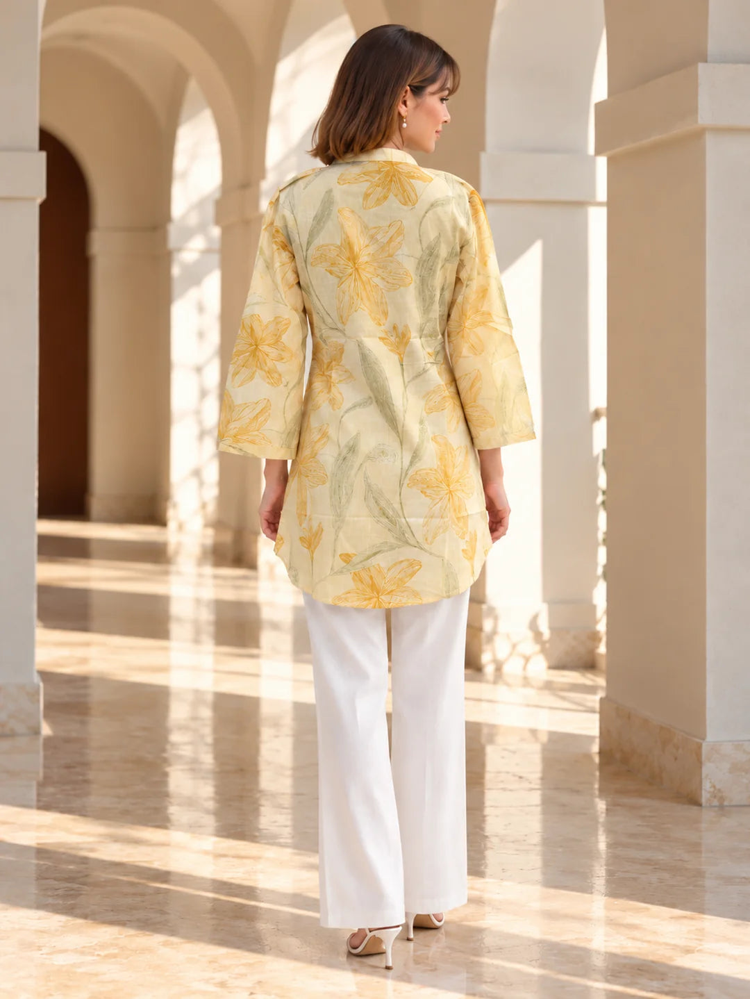 Butter Yellow Stroked Floral Pintuck Short Kurti in Cotton