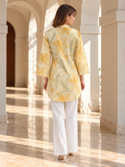Butter Yellow Stroked Floral Pintuck Short Kurti in Cotton