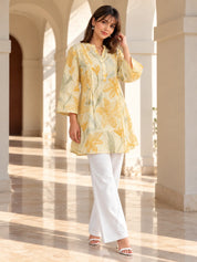 Butter Yellow Stroked Floral Pintuck Short Kurti in Cotton