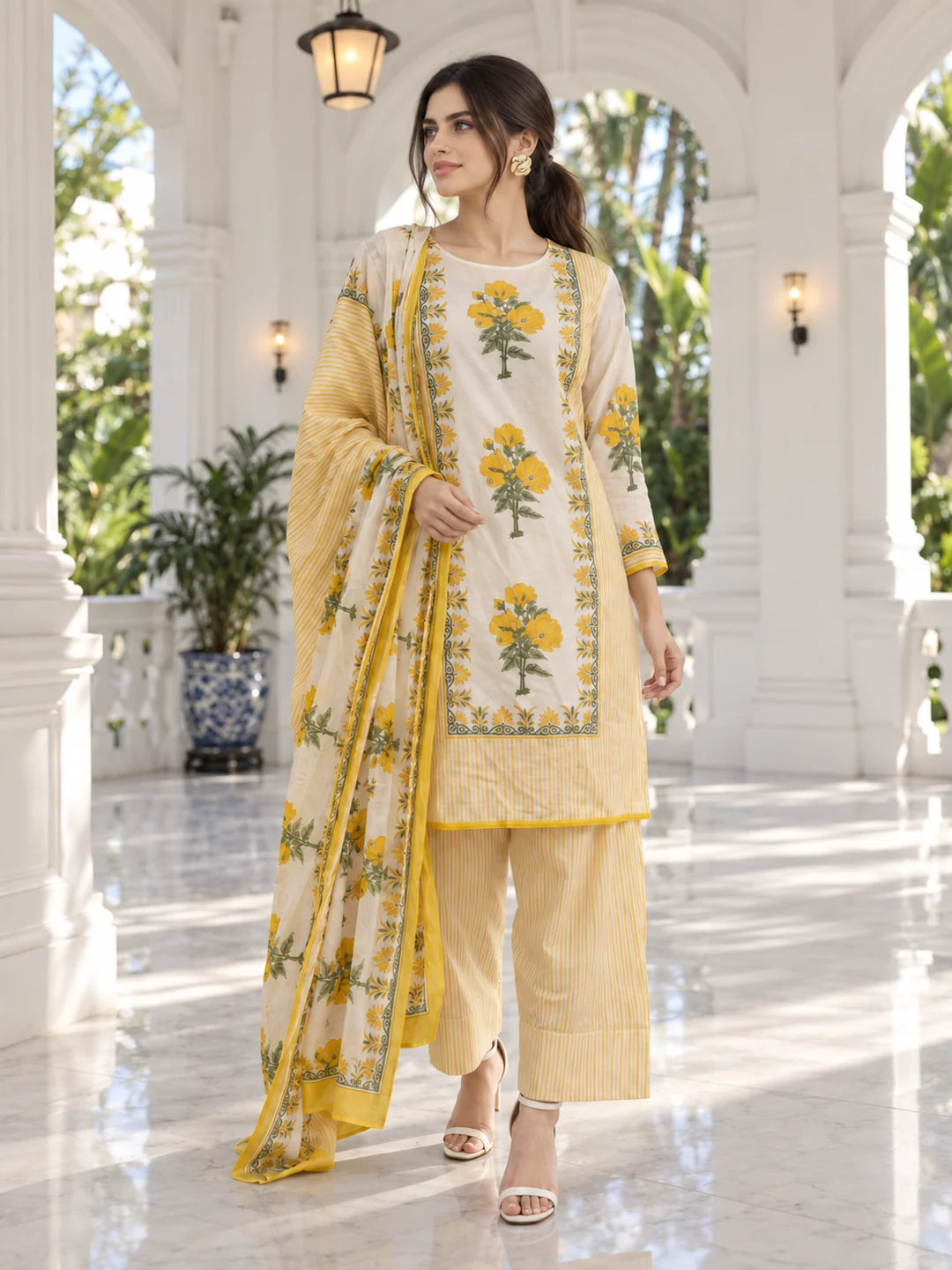 Yellow and Cream Stripe Floral Printed Kurta Set with Dupatta in Cotton