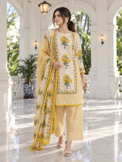 Yellow and Cream Stripe Floral Printed Kurta Set with Dupatta in Cotton