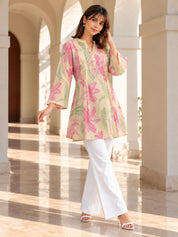 Pink Stroked Floral Pintuck Short Kurti in Cotton