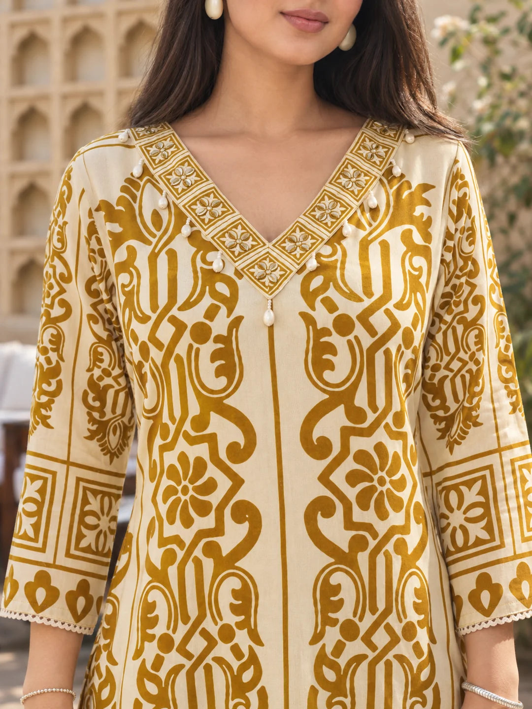 Mustard Block Print Kurta Set with Kauri Embellishment