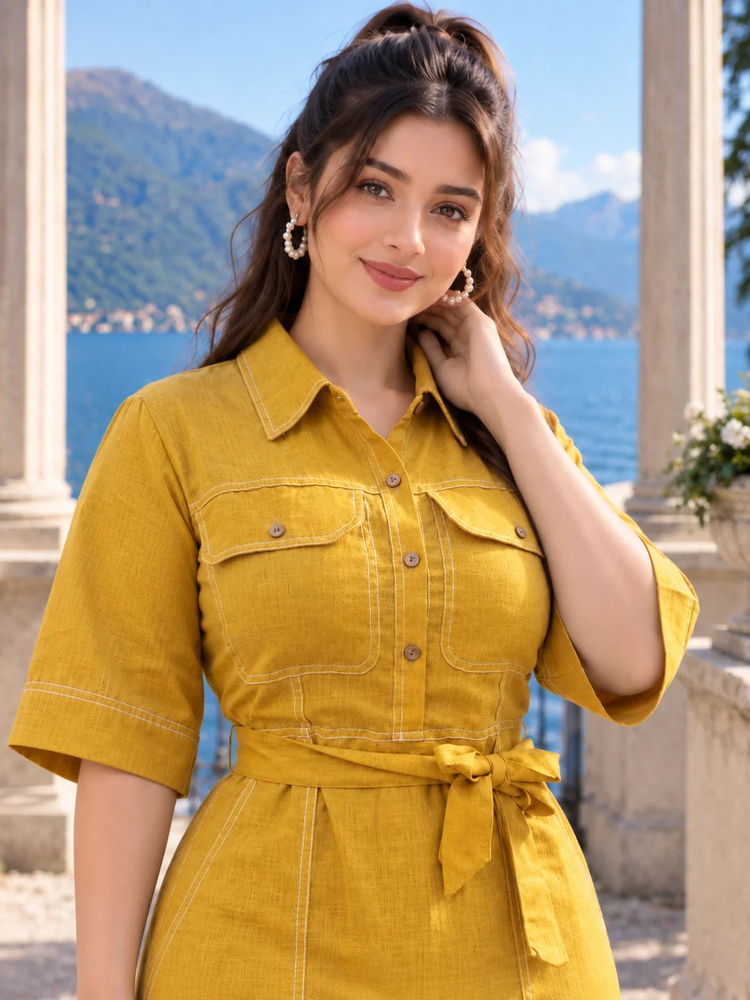Mustard & White Belted Floral Hem A-Line Dress in Cotton Linen