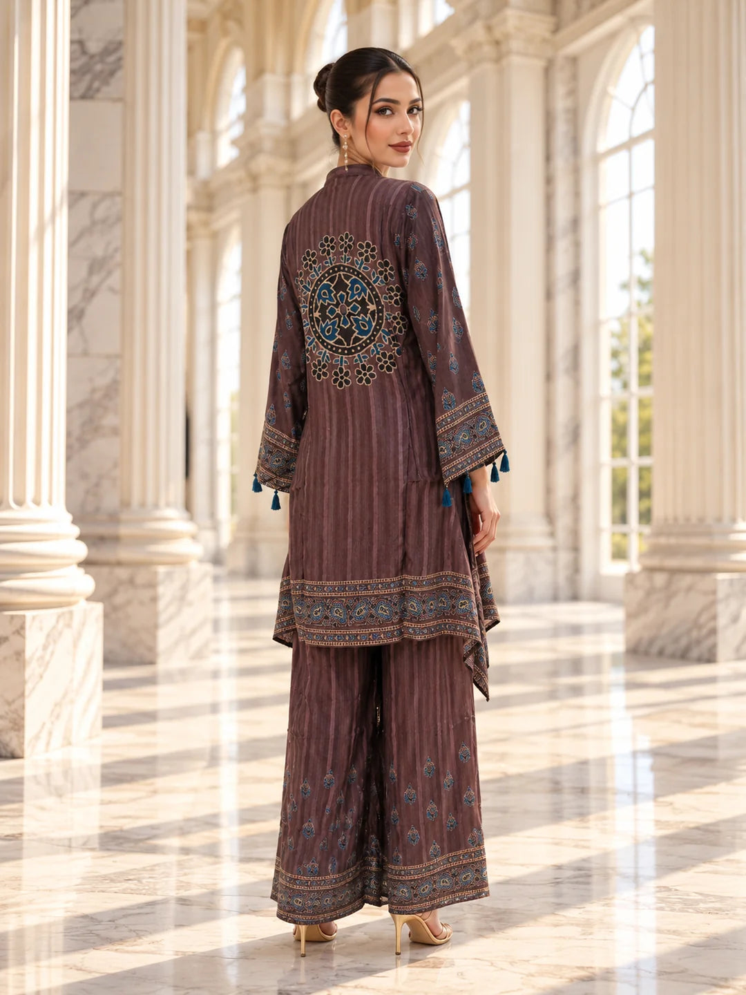 Dark Brown Patch Print High-Low Co-ord Set in Muslin