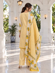 Yellow and Cream Stripe Floral Printed Kurta Set with Dupatta in Cotton