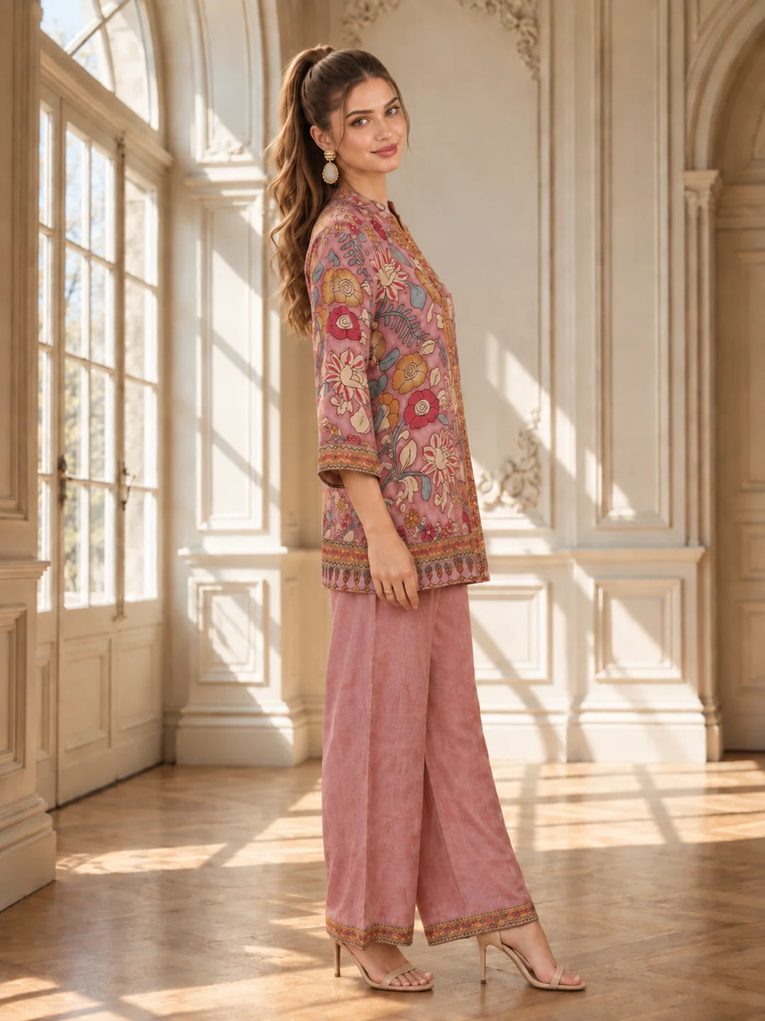 Pink Multicolour Floral Sequin Placket Wide-Leg Co-ord Set in Muslin