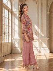 Pink Multicolour Floral Sequin Placket Wide-Leg Co-ord Set in Muslin