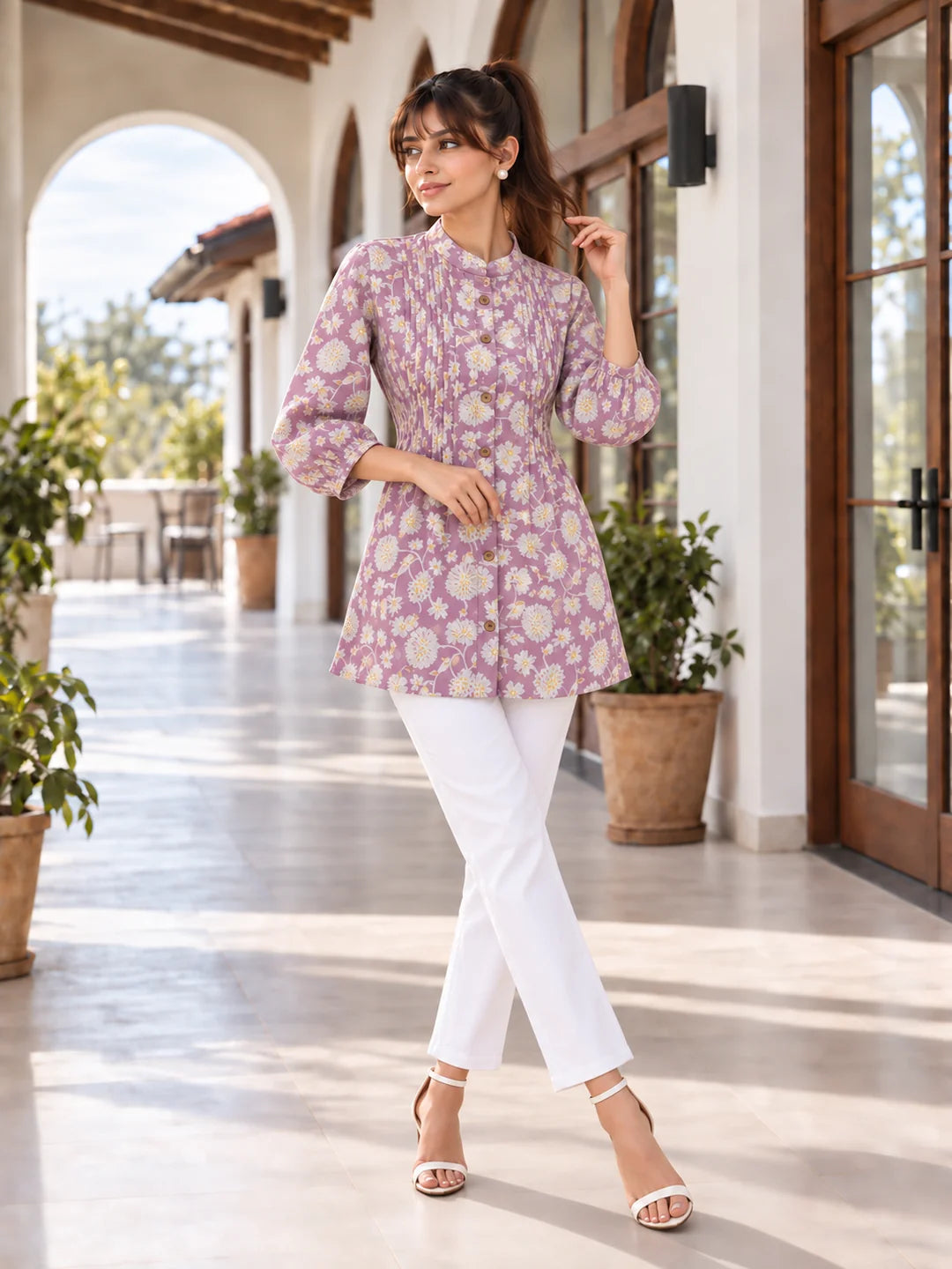 Lilac Floral Jaal Pintuck Tunic in Cotton