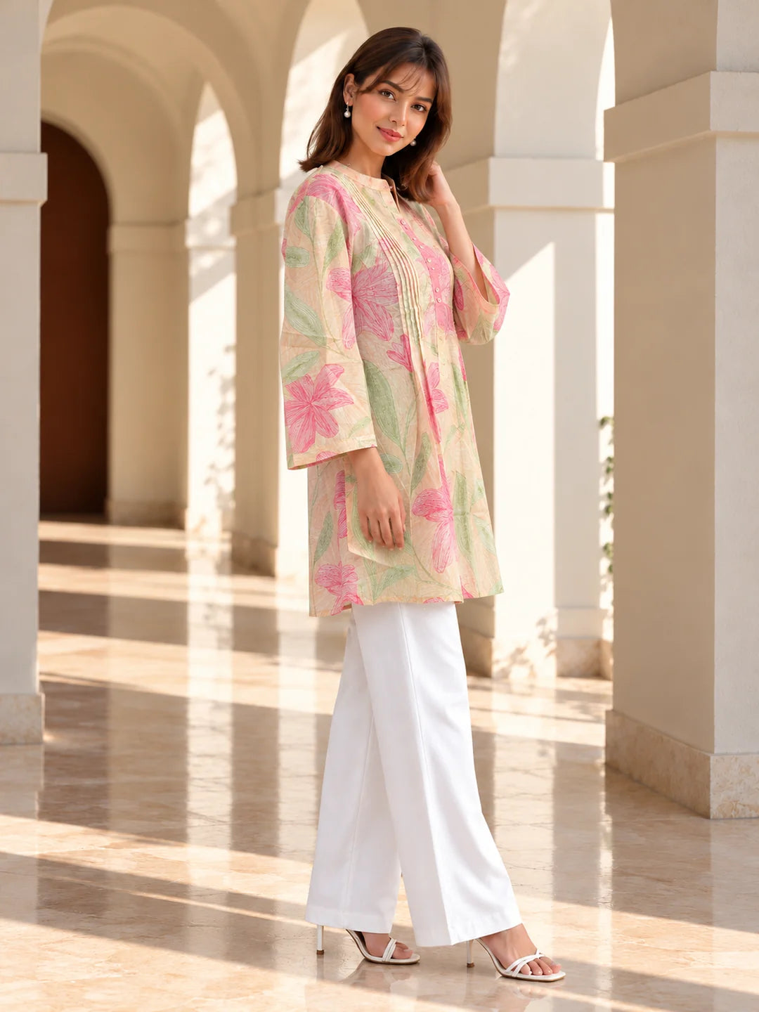 Pink Stroked Floral Pintuck Short Kurti in Cotton