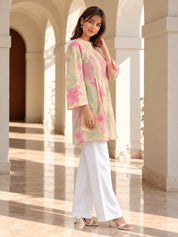 Pink Stroked Floral Pintuck Short Kurti in Cotton