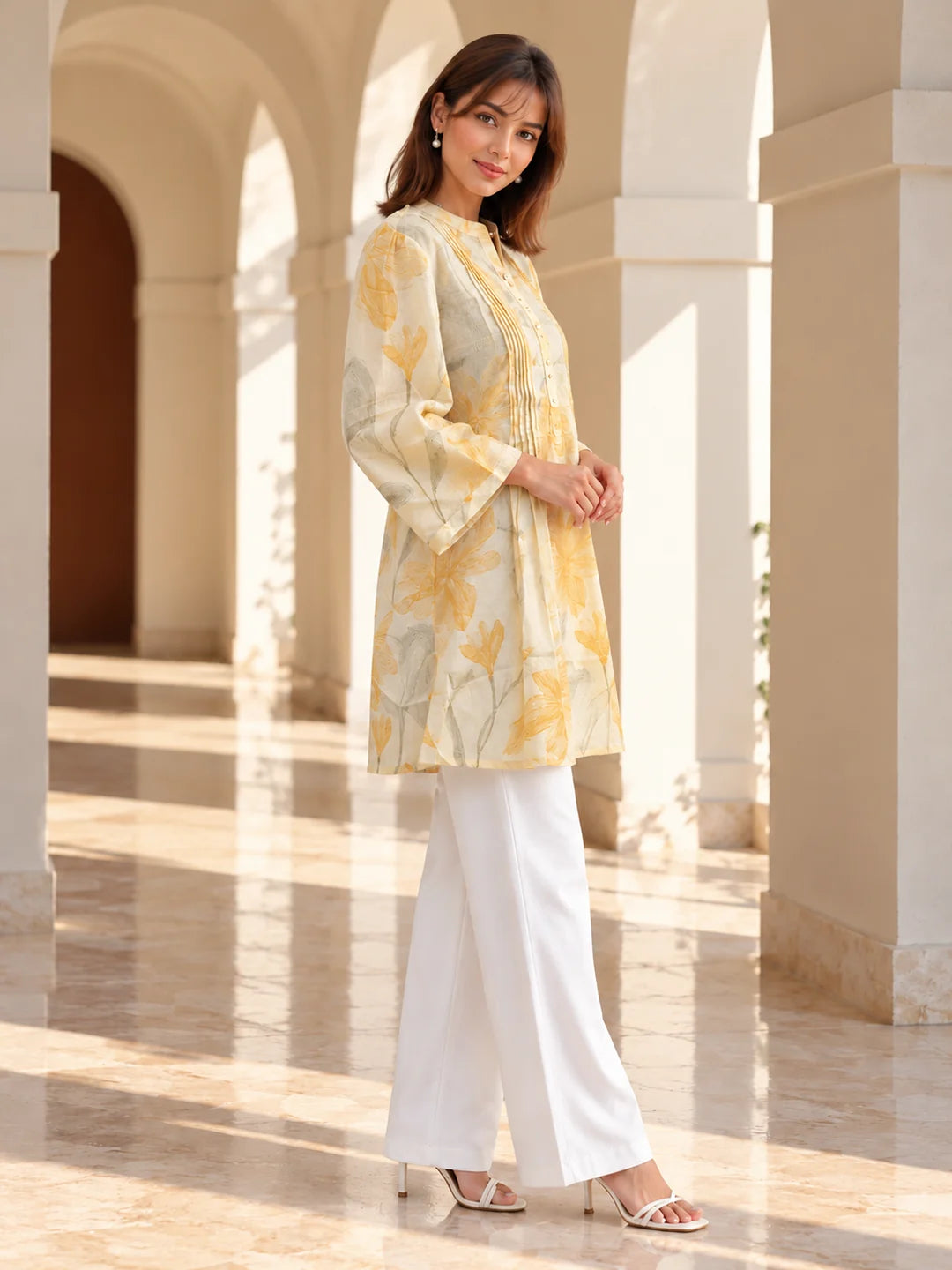 Butter Yellow Stroked Floral Pintuck Short Kurti in Cotton