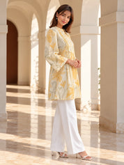 Butter Yellow Stroked Floral Pintuck Short Kurti in Cotton
