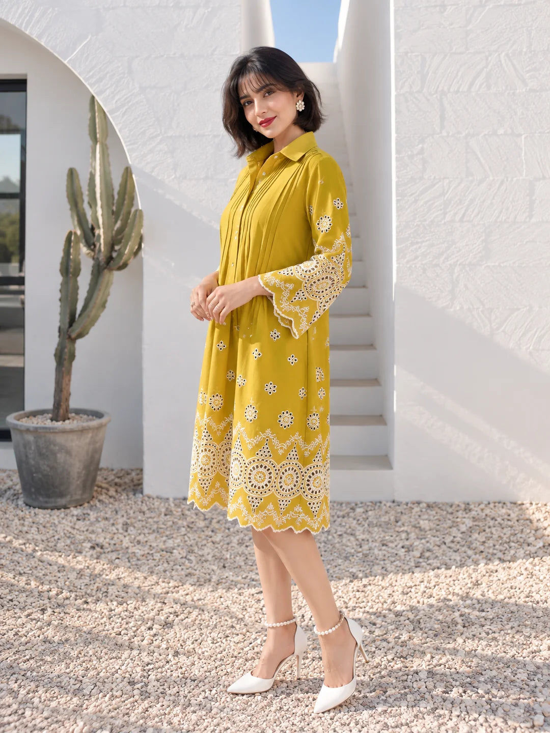 Mustard Yellow Floral Cutwork Pintuck A-Line Dress in Cotton Flex