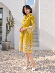 Mustard Yellow Floral Cutwork Pintuck A-Line Dress in Cotton Flex