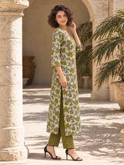 Olive Green and Grey Floral Print Kurta Set in Cotton
