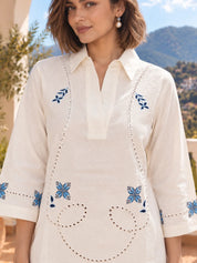 White Floral & Silver Foil Embroidered Co-ord Set in Cotton
