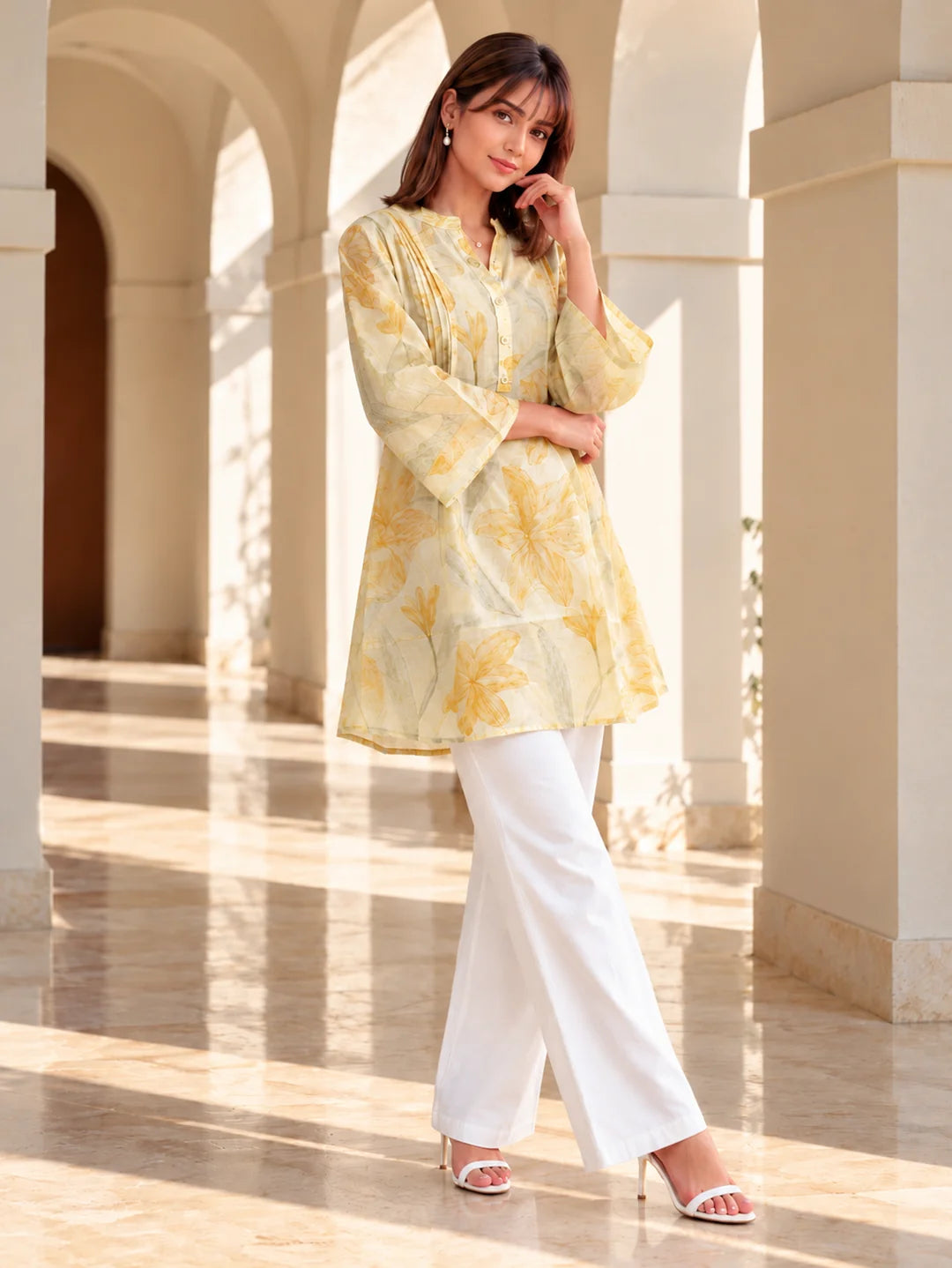 Butter Yellow Stroked Floral Pintuck Short Kurti in Cotton