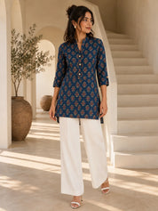 Navy Blue Mandarin Collar Button-Tab Floral Buta Short Kurti in Cotton