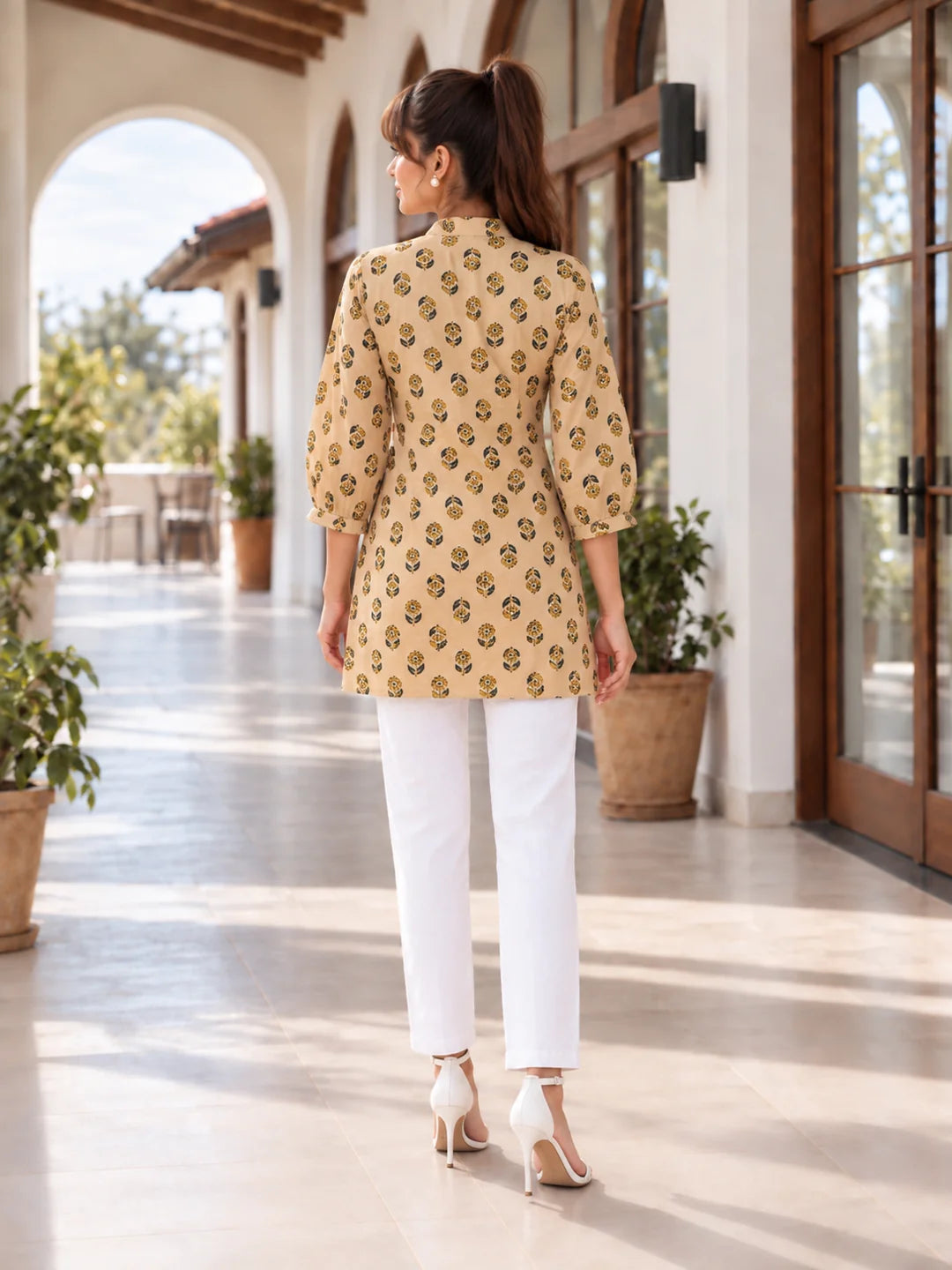 Beige Pintuck Floral Buti Tunic in Cotton