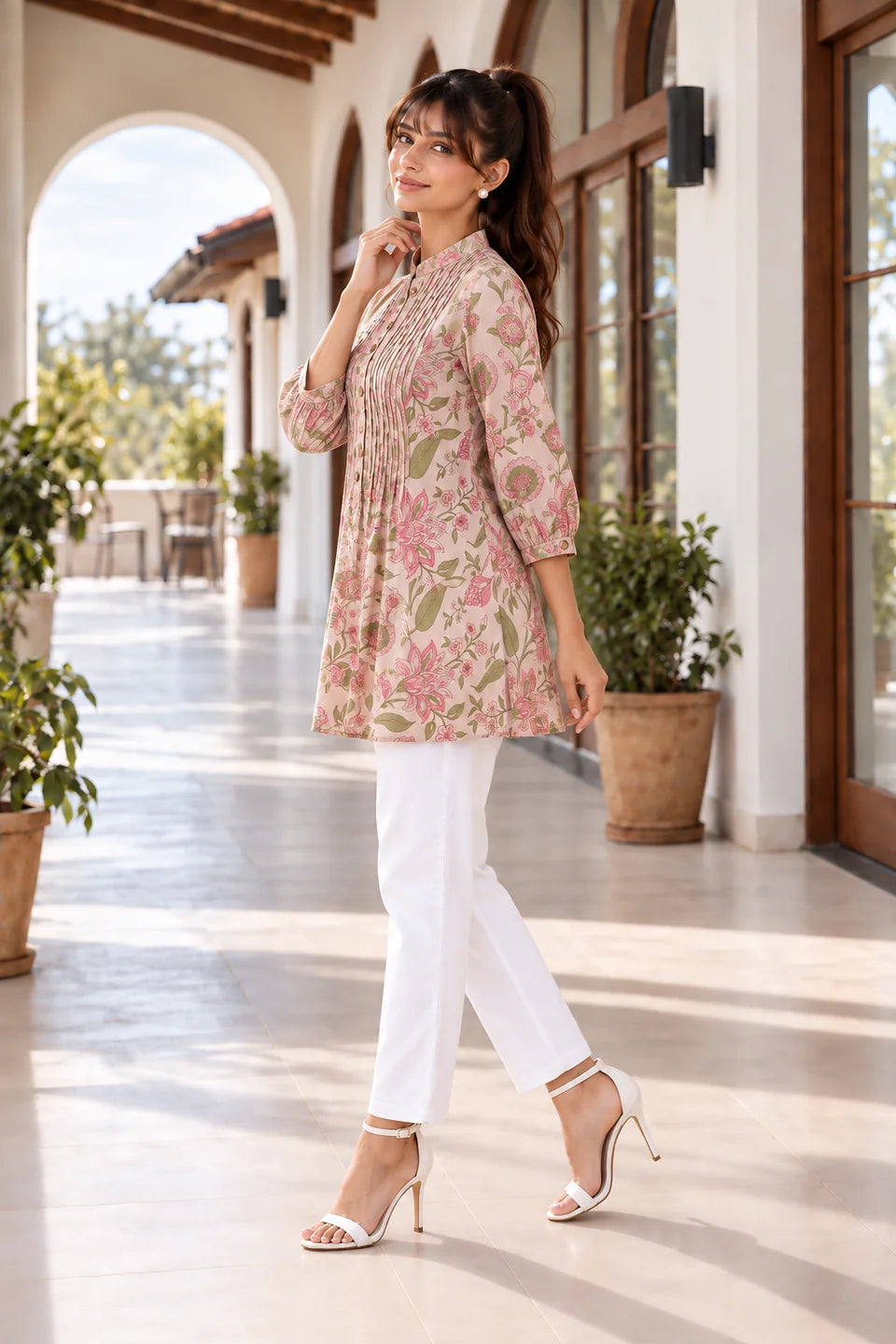 Baby Pink Pintuck Floral Jaal Tunic in Cotton