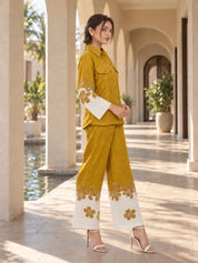 Mustard & White Floral Print Contrast Co-ord Set in Cotton Linen