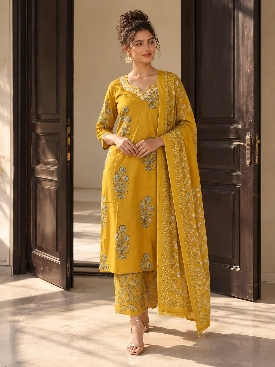Yellow Embroidered Neck Floral Buta Kurta Set with Printed Dupatta in Cotton