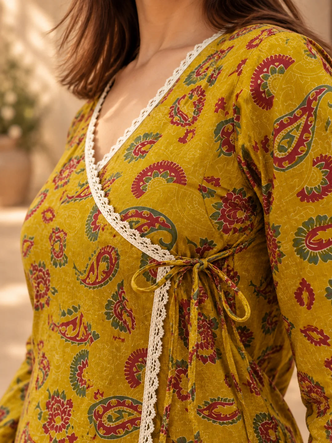 Yellow Angrakha Style Short Kurti in Cotton