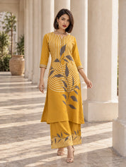 Mustard Stripe & Leaf Print Rayon Kurta-Palazzo Set