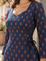 Navy Blue Squared V Neck Criss-Cross Side Tie Floral Buti Short Kurti in Cotton