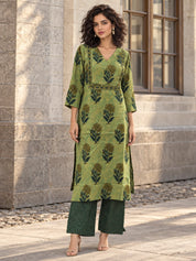 Green Floral Buta Print Kurta Set in Cotton