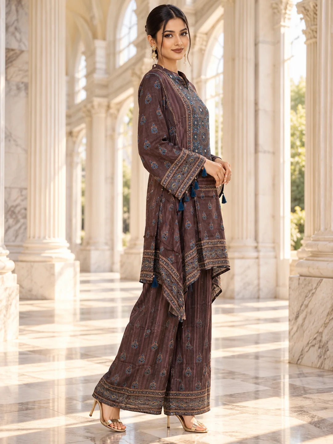 Dark Brown Patch Print High-Low Co-ord Set in Muslin