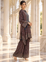 Dark Brown Patch Print High-Low Co-ord Set in Muslin