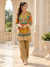 Bronzed Yellow Embellished V-Notch Multicolour Print Wide-Leg Co-ord Set in Muslin