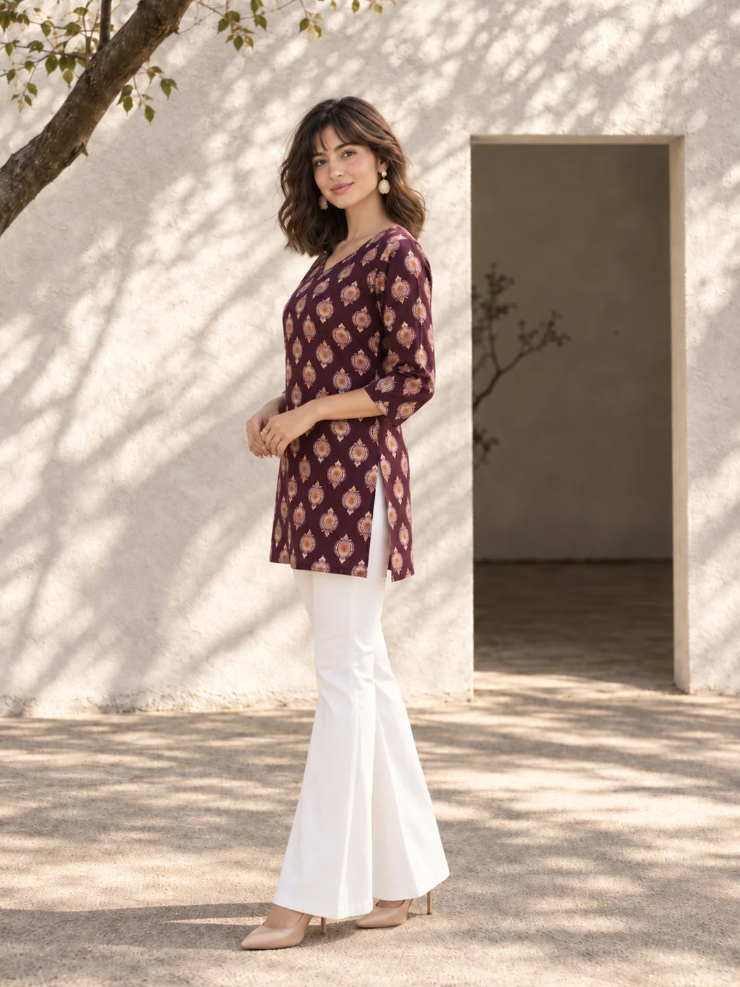 Purple Circle Buta Short Kurti in Cotton