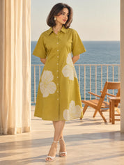 Yellow Floral Appliqué A-Line Dress in Cotton Flex