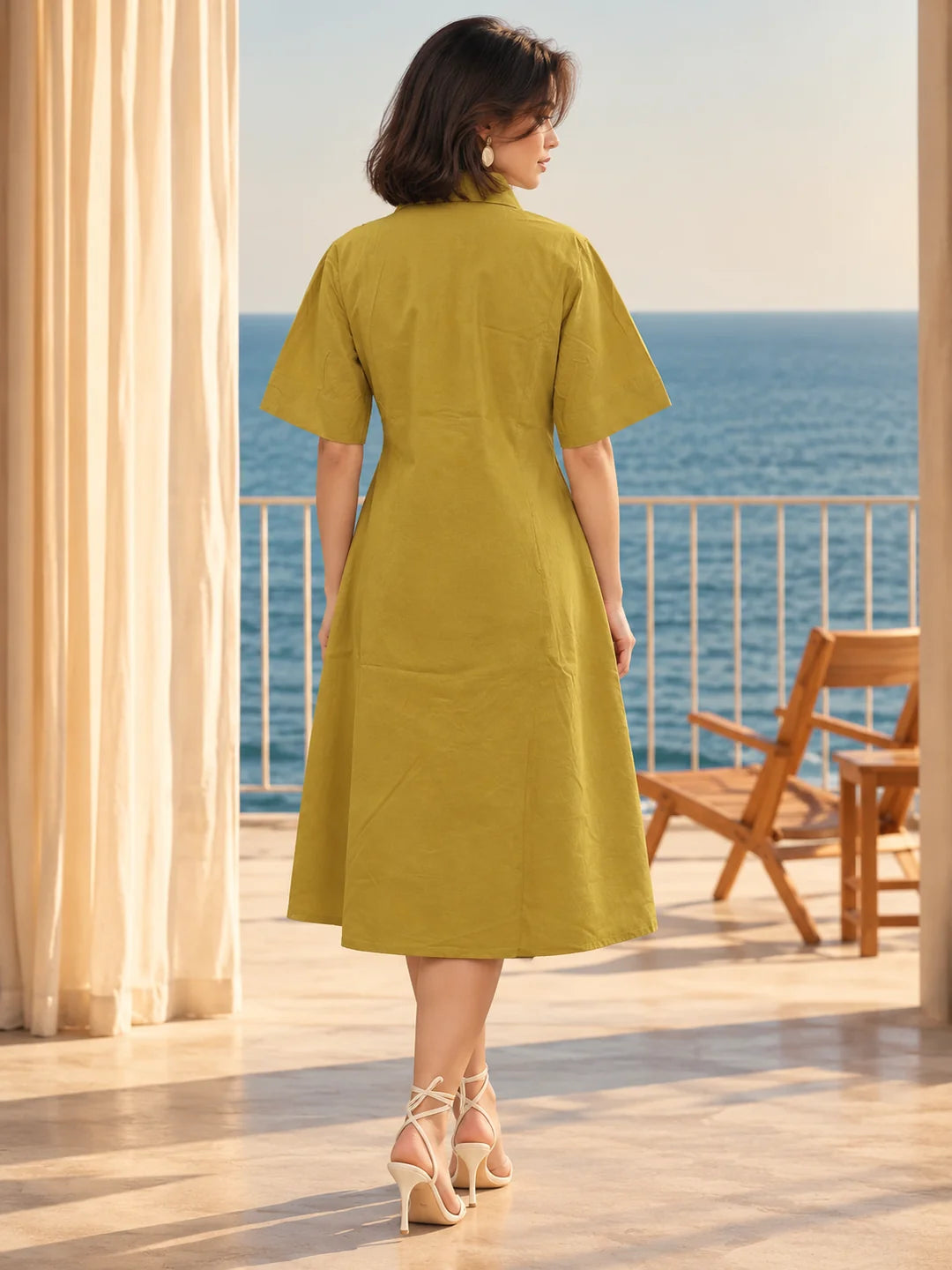 Yellow Floral Appliqué A-Line Dress in Cotton Flex