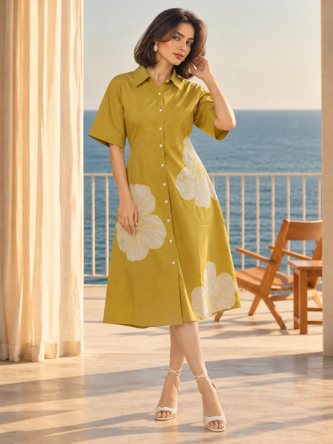 Yellow Floral Appliqué A-Line Dress in Cotton Flex