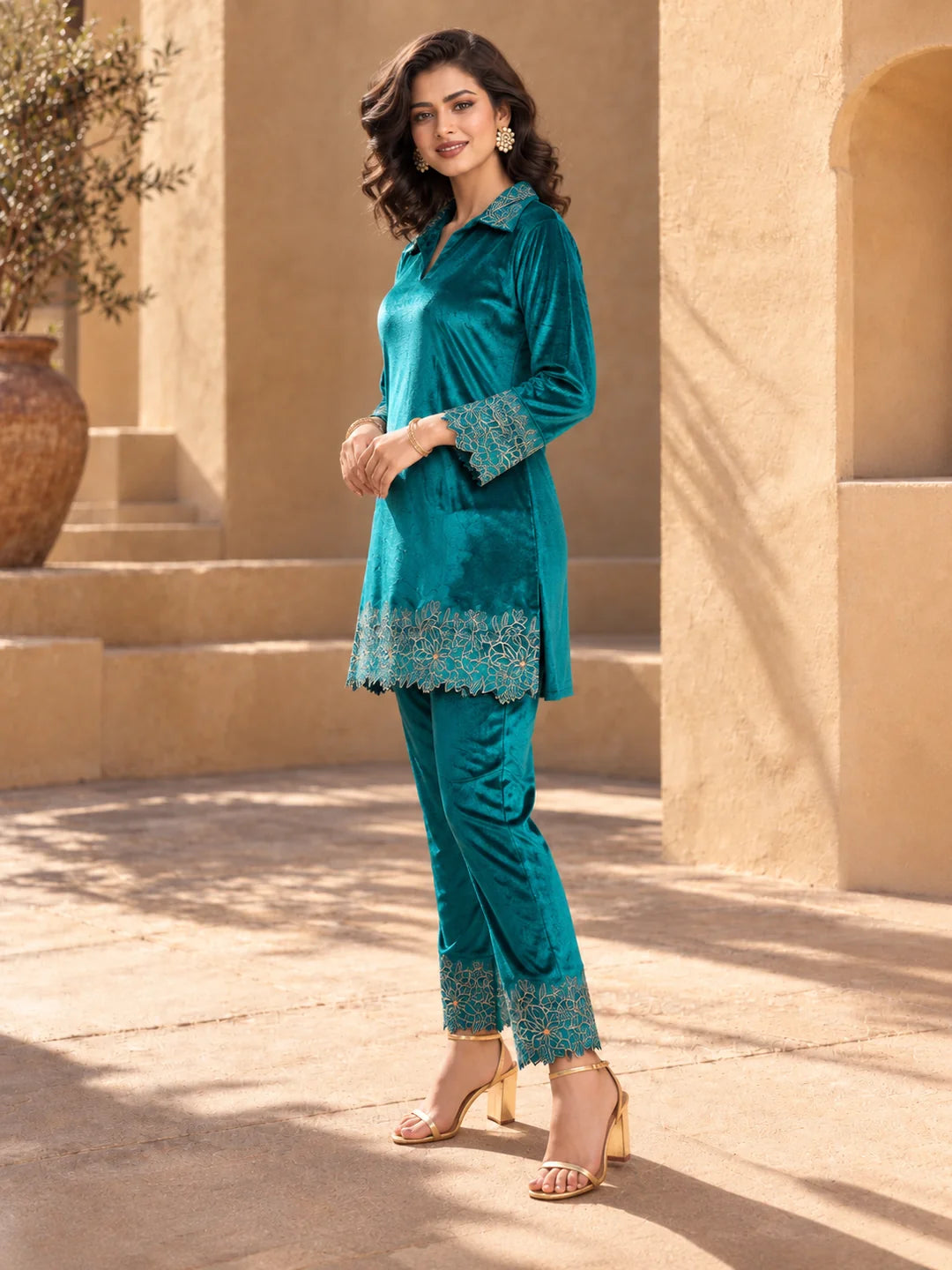 Velvet Scallop Embroidered Co-ord Set in Teal Blue