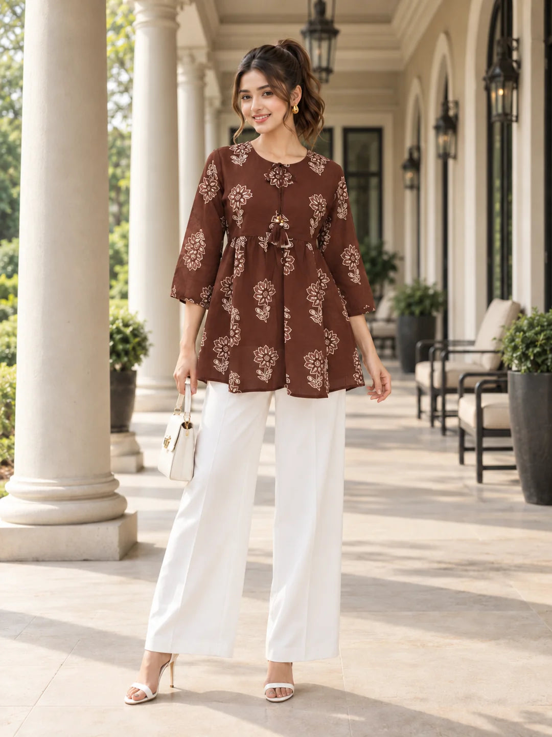 Brown Tie-Neck Floral Buta Peplum Short Kurti in Cotton